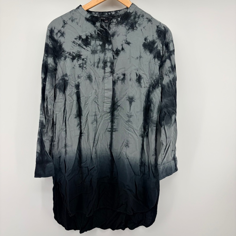 Rock & Republic Tie Dye Tunic Top Black Gray Ombre Roll Tab Sleeve Women Large